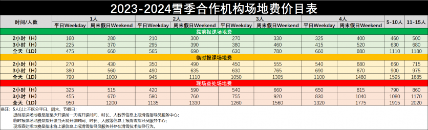 南山滑雪场教练价格表2023-2024年